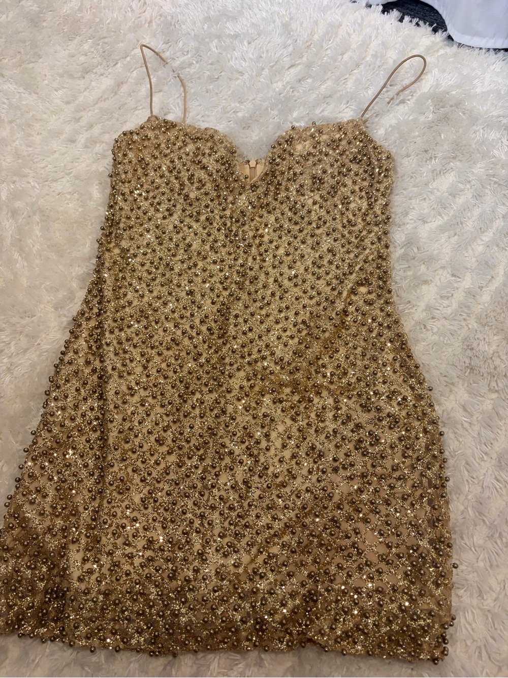 Oh Polly Gold Beaded Mini Dress with Spaghetti Straps